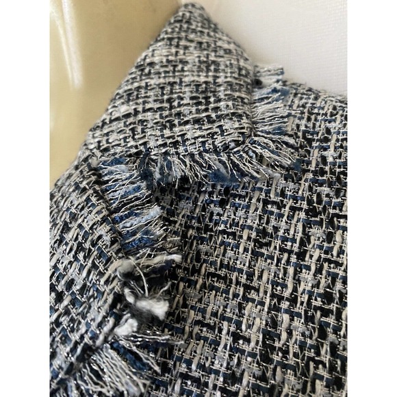 NWOT Karl Lagerfeld Fringe Trim Tweed Blazer Jacket Metallic Blue Two Bu… - Picture 4 of 12